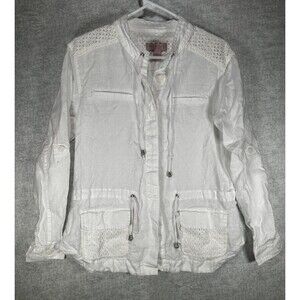 Saint Tropez White Linen Blouse Women's Size Small Eyelet Detail Roll Tab Sleeve